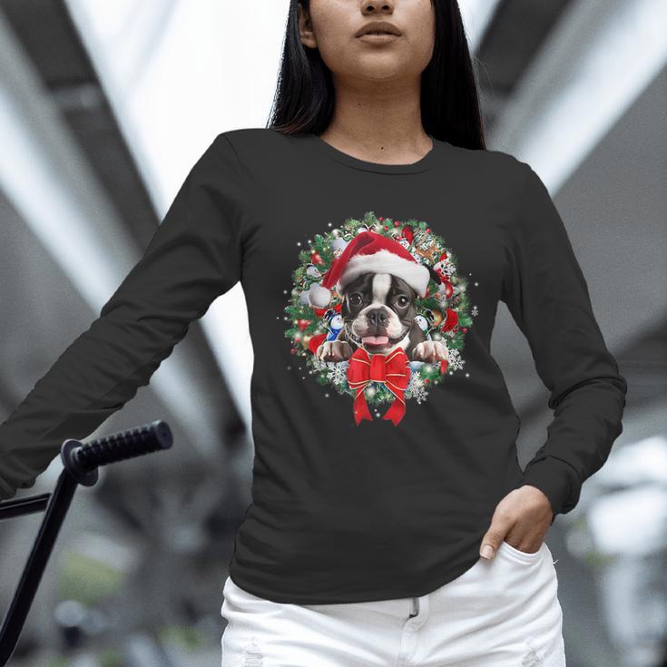 Boston Terrier Christmas Wreath Decoration Xmas Pajamas Women Long Sleeve T-Shirt, Boston Terrier Christmas Shirts, gift for family, gift for coworker