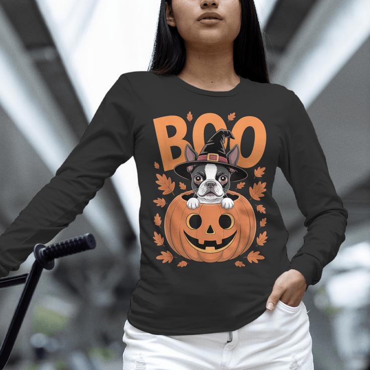 Boston Terrier Costume On Pumpkin Halloween Boston Terrier Women Long Sleeve T-Shirt, Boston Terrier Halloween Shirts, gift for family, gift for coworker