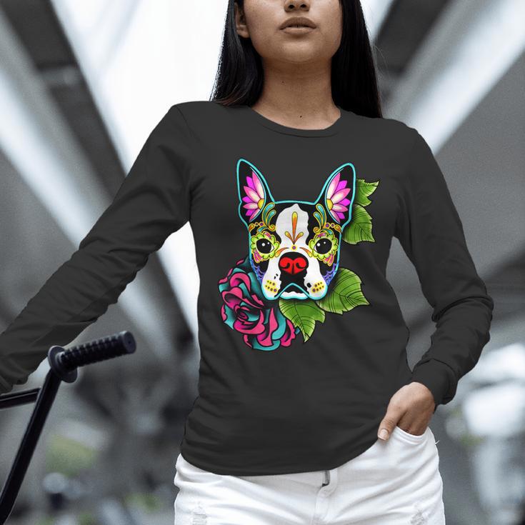 Boston Terrier In Day Of The Dead Sugar Skull Dog Women Long Sleeve T-Shirt, gift for family, gift for coworker