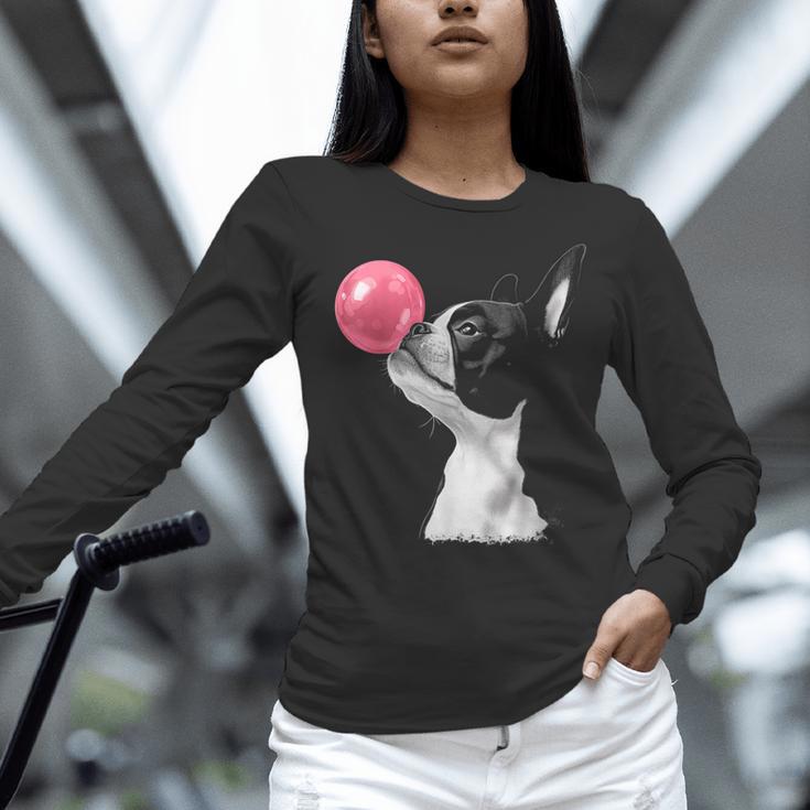 Boston Terrier Dog Blowing Chewing Bubble Gum Pink Women Long Sleeve T-Shirt, gift for family, gift for coworker
