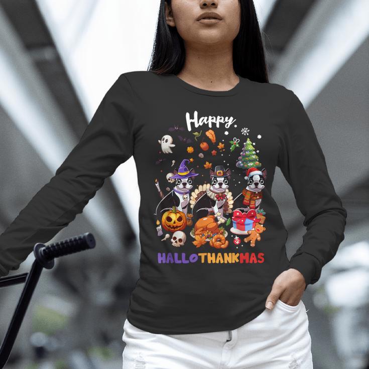 Boston Terrier Dog Christmas Happy Hallothankmas Halloween For Men Women Kids Women Long Sleeve T-Shirt, Boston Terrier Halloween Shirts, Boston Terrier Christmas Shirts, gift for family, gift for coworker