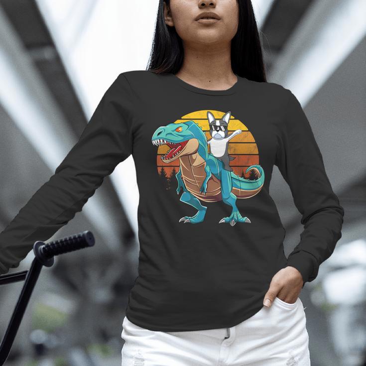 Boston Terrier Dog Riding Dinosaur T Rex Boys Women Long Sleeve T-Shirt, Boston Terrier Riding Shirts, gift for family, gift for coworker