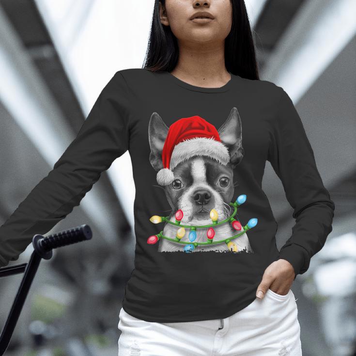 Boston Terrier Dog Santa Christmas Tree Lights Xmas Women Long Sleeve T-Shirt, Boston Terrier Christmas Shirts, gift for family, gift for coworker