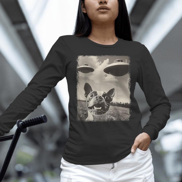 Boston Terrier Dog UFO Alien Extraterrestrial Selfie Women Long Sleeve T-Shirt, gift for family, gift for coworker