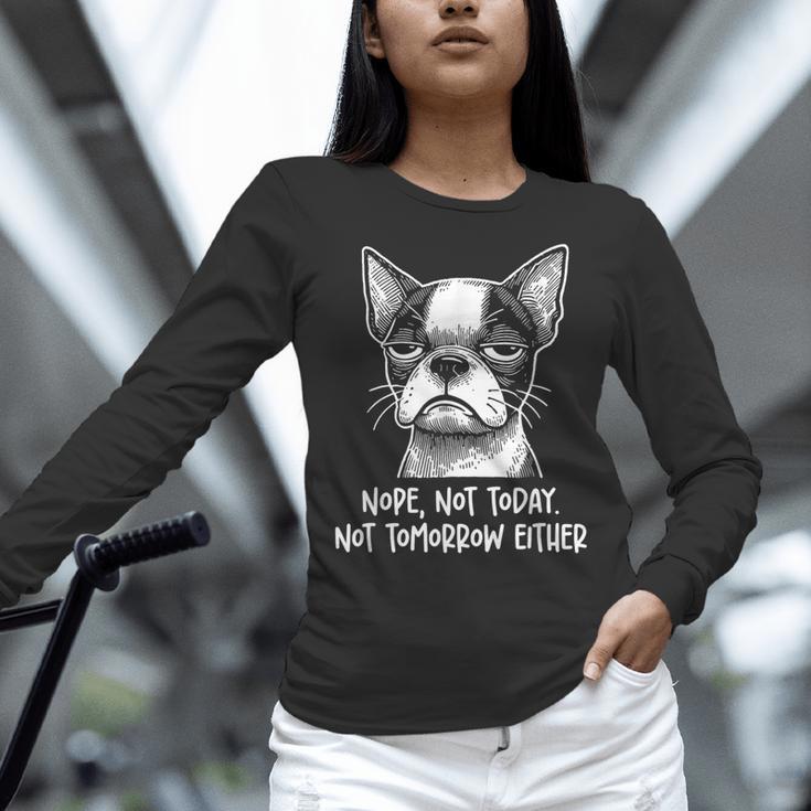 Boston Terrier Nope Not Today Not Tomorrow Either Sarcastic Women Long Sleeve T-Shirt, gift for family, gift for coworker