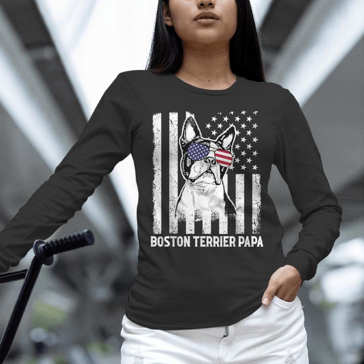 Boston Terrier Papa Cool Dog Lover USA American Flag Men Women Women Long Sleeve T-Shirt, American Boston Terrier Shirts, gift for family, gift for coworker