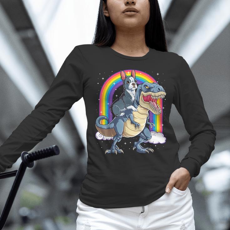 Boston Terrier Riding Dinosaur T-Rex Boys Kids Rainbow Women Long Sleeve T-Shirt, Boston Terrier Riding Shirts, gift for family, gift for coworker