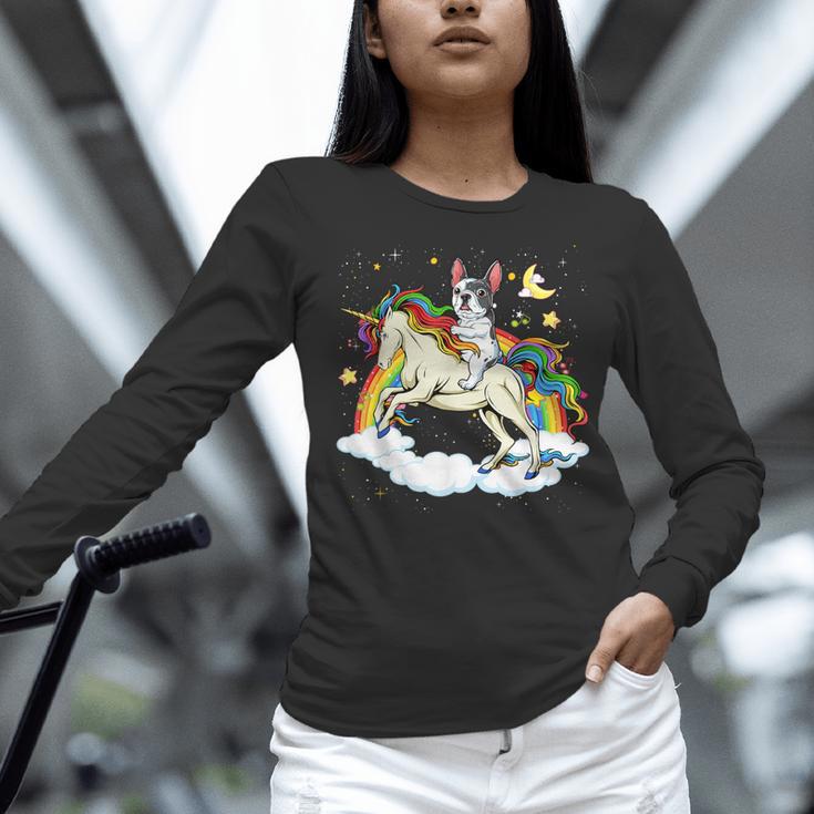 Boston Terrier Riding Unicorn Boys Girls Kids Rainbow Women Long Sleeve T-Shirt, Boston Terrier Riding Shirts, gift for family, gift for coworker