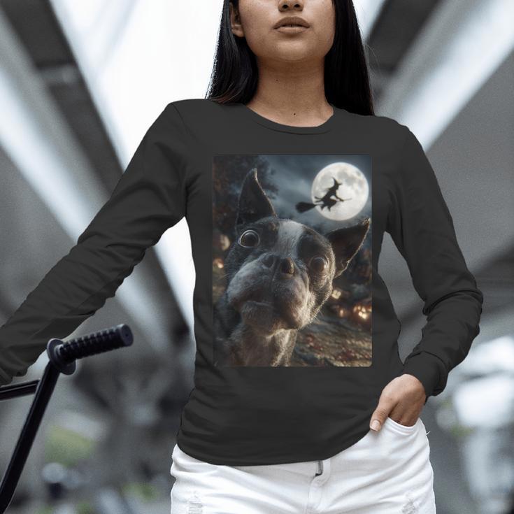 Boston Terrier Selfie Full Moon Flying Witch Halloween Dog Women Long Sleeve T-Shirt, Boston Terrier Halloween Shirts, gift for family, gift for coworker