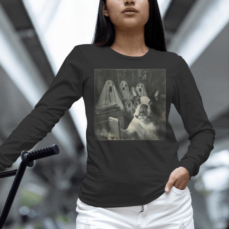 Boston Terrier Selfie With Ghosts Halloween Dog Lover Women Long Sleeve T-Shirt, Boston Terrier Halloween Shirts, gift for family, gift for coworker