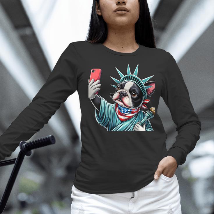 Boston Terrier Selfie Statue Of Liberty 4th Of July American Women Long Sleeve T-Shirt, American Boston Terrier Shirts, Boston Terrier 4th Of July Shirts, gift for family, gift for coworker