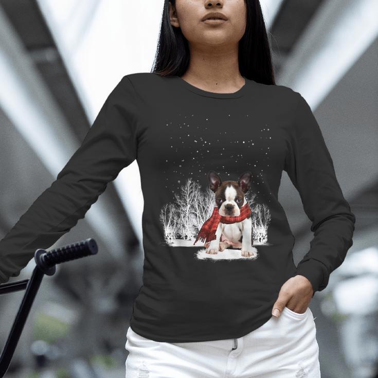 Boston Terrier In The Snow Merry Christmas Winter Women Long Sleeve T-Shirt, Boston Terrier Christmas Shirts, gift for family, gift for coworker