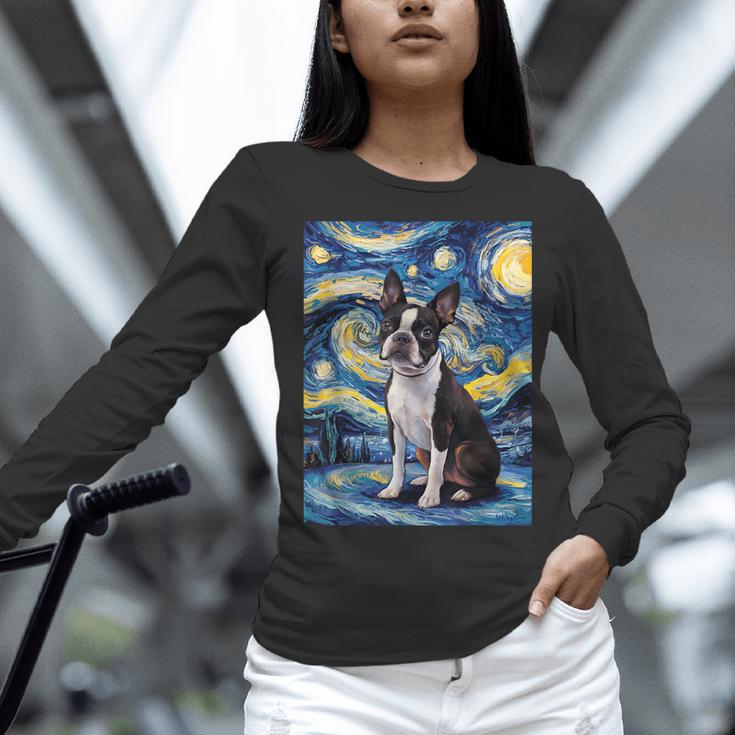Boston Terrier Van Gogh Starry Night Women Long Sleeve T-Shirt, gift for family, gift for coworker