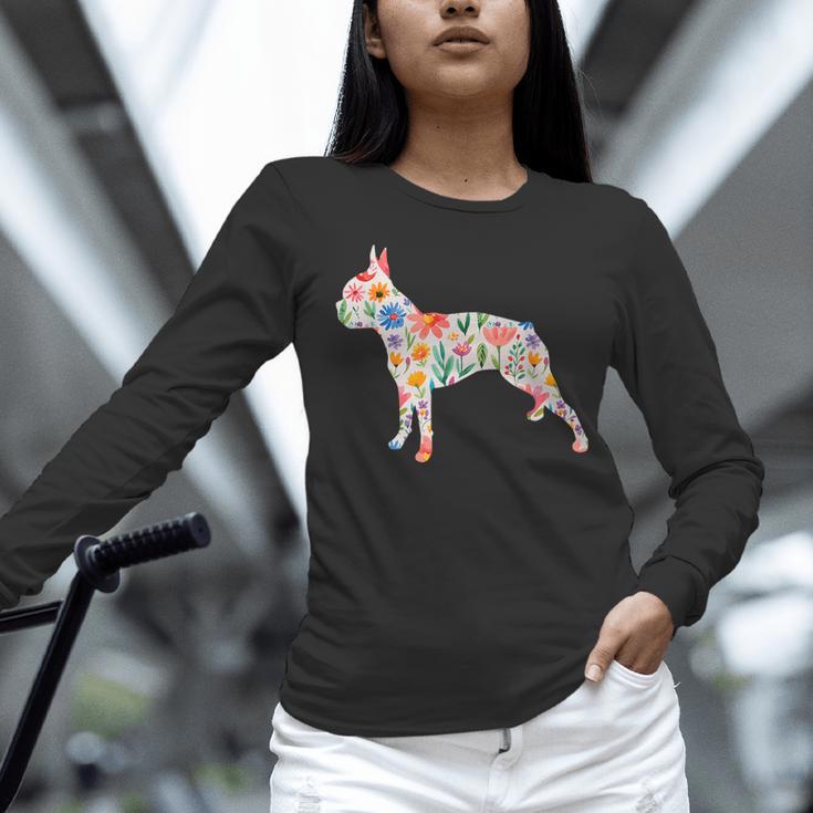 Boston Terrier Watercolor Flowers Women Long Sleeve T-Shirt, gift for family, gift for coworker