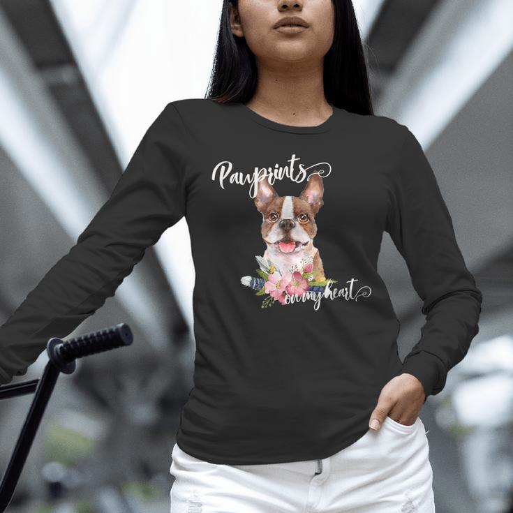 Brown Boston Terrier With Flowers And Feathers Women Long Sleeve T-Shirt, gift for family, gift for coworker