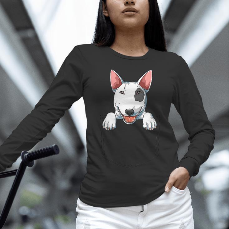 Bull Terrier Pocket Bull Terrier Peeking Out Pocket Women Long Sleeve T-Shirt, gift for family, gift for coworker
