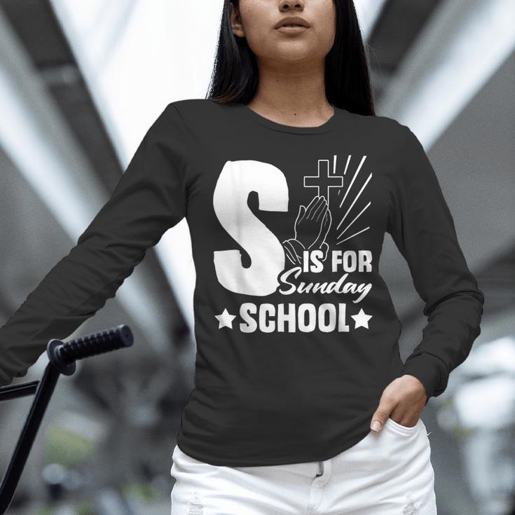 Christian Teacher S Is For Sunday School Essentials Women Long Sleeve T-Shirt, gift for family, gift for coworker Christian Teacher S Is For Sunday School Essentials Women Long Sleeve T-Shirt, gift for family, gift for coworker