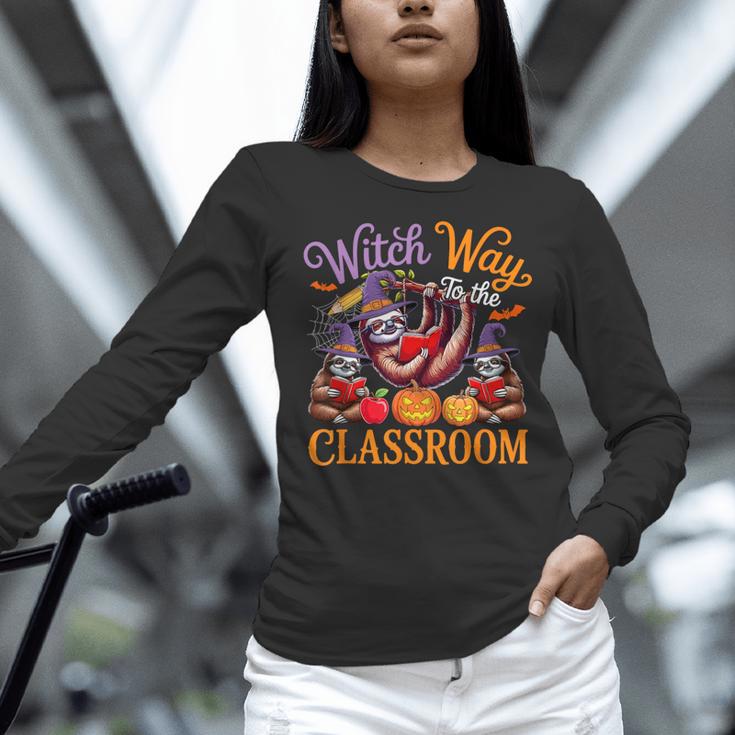 Way To Classroom Halloween Witch Three Cute Sloths Teacher Women Long Sleeve T-Shirt, gift for family, gift for coworker