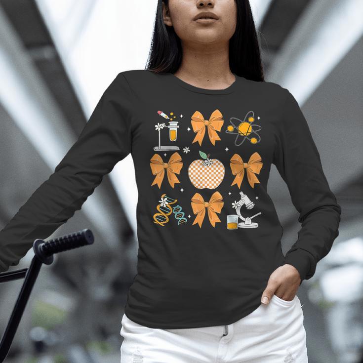 Coquette Bow Fall Science Teacher Stem Teacher Thanksgiving Women Long Sleeve T-Shirt, Science Teacher Shirts, gift for family, gift for coworker