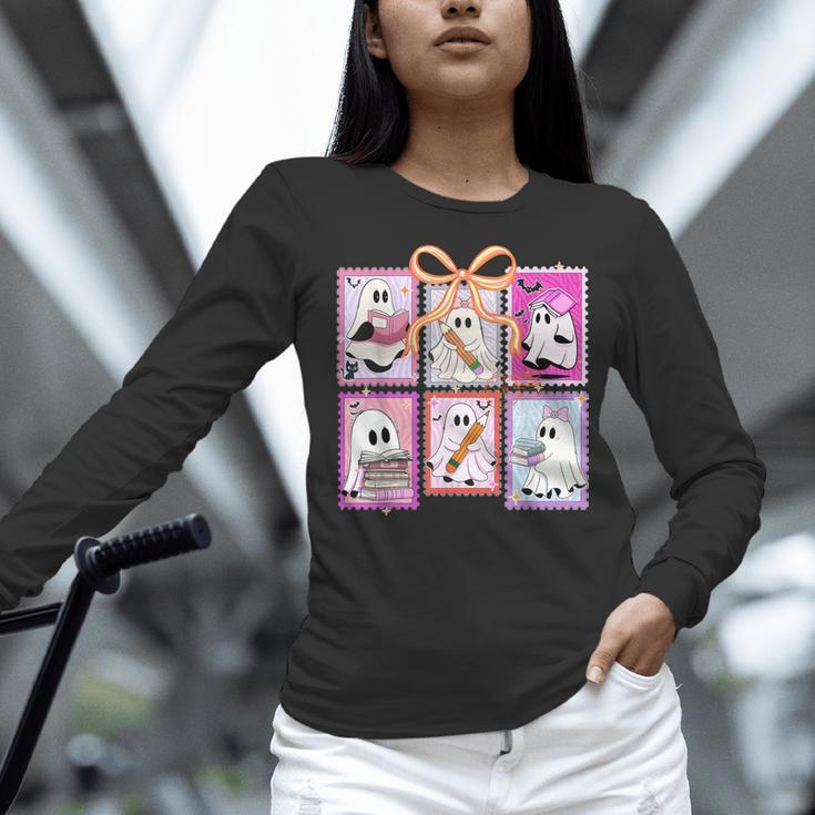 Coquette Bow Spooky Teacher Ghost Halloween Trick Or Teach Women Long Sleeve T-Shirt, gift for family, gift for coworker Coquette Bow Spooky Teacher Ghost Halloween Trick Or Teach Women Long Sleeve T-Shirt, gift for family, gift for coworker