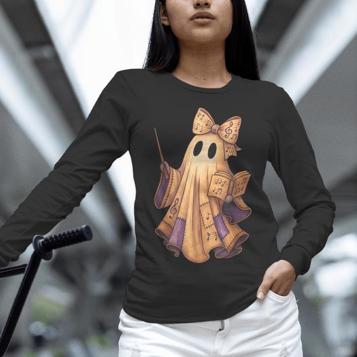 Coquette Music Note Patchwork Ghost Music Teacher Halloween Women Long Sleeve T-Shirt, gift for family, gift for coworker