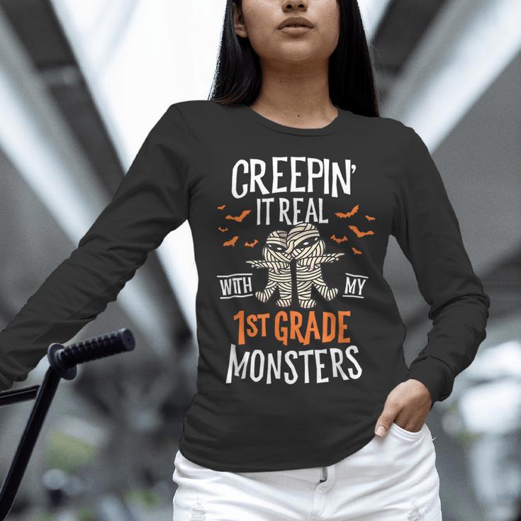 Creepin It Real With My 1st Grade Monsters Halloween Teacher Women Long Sleeve T-Shirt, gift for family, gift for coworker