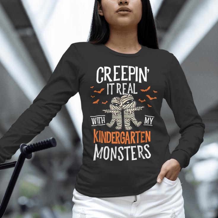 Creepin It Real Kindergarten Monsters Halloween Teacher Women Long Sleeve T-Shirt, gift for family, gift for coworker