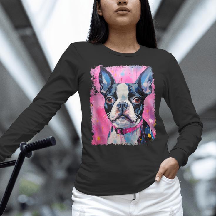 Dog Pink Boston Terrier Women Long Sleeve T-Shirt, gift for family, gift for coworker