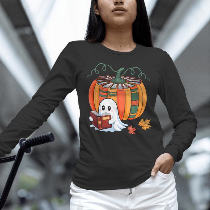 Fall Book Pumpkin Ghost Reading Books Halloween Teacher Women Long Sleeve T-Shirt, gift for family, gift for coworker