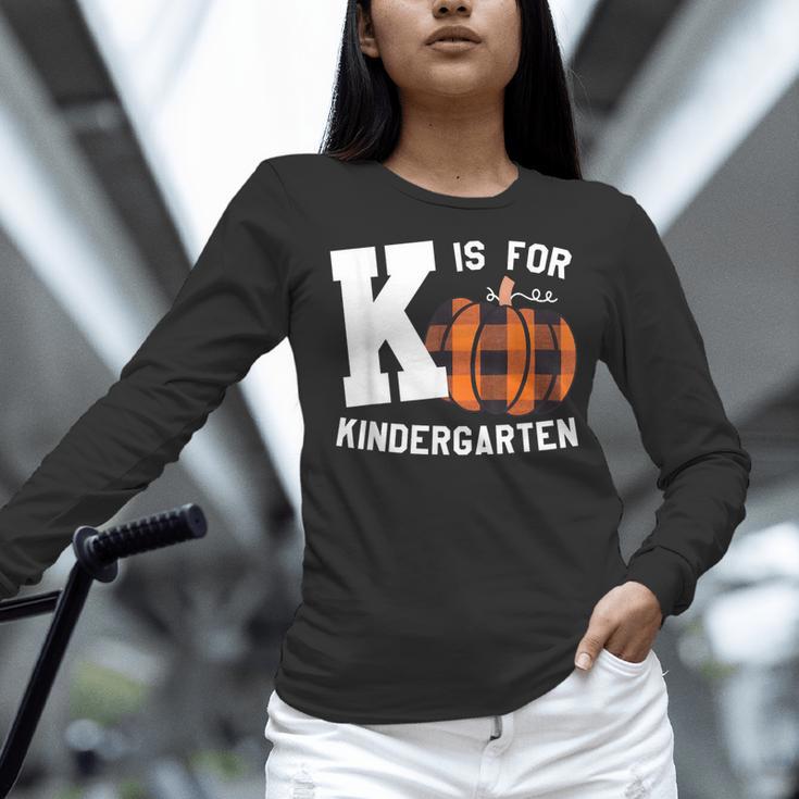 Fall Kindergarten Teacher K Is For Buffalo Plaid Pumpkin Women Long Sleeve T-Shirt, gift for family, gift for coworker Fall Kindergarten Teacher K Is For Buffalo Plaid Pumpkin Women Long Sleeve T-Shirt, gift for family, gift for coworker