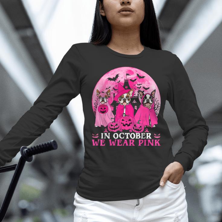 Ghost And Witch Boston Terrier Dog In October We Wear Pink Women Long Sleeve T-Shirt, Boston Terrier Ghost Shirts, gift for family, gift for coworker