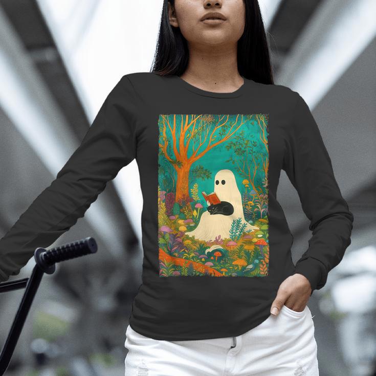 Groovy Ghost Reading Book Cat Halloween Ghost Teacher Women Long Sleeve T-Shirt, Groovy Teacher Shirts, gift for family, gift for coworker Groovy Ghost Reading Book Cat Halloween Ghost Teacher Women Long Sleeve T-Shirt, Groovy Teacher Shirts, gift for family, gift for coworker