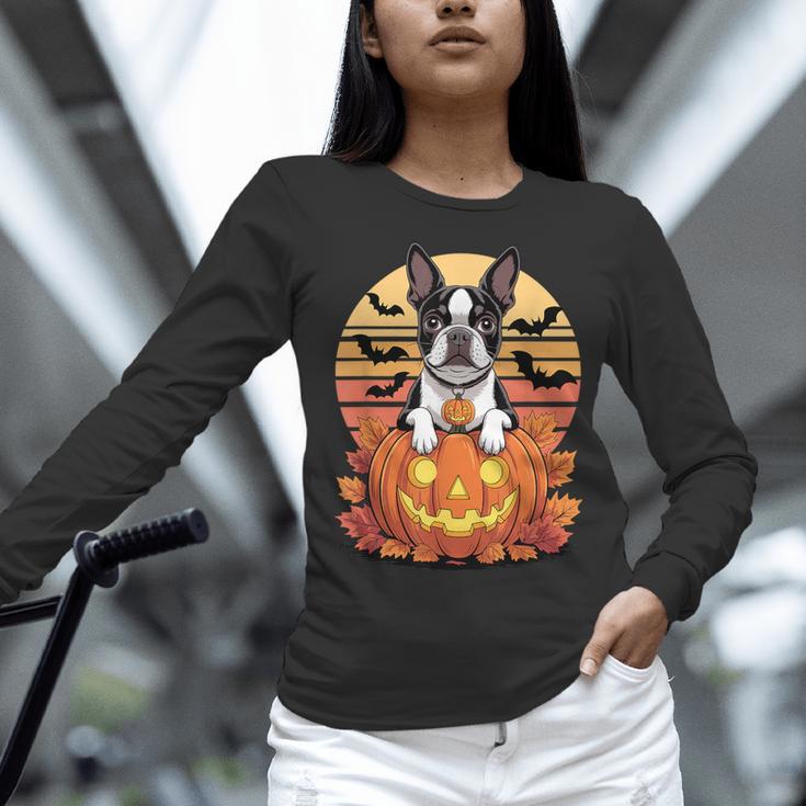 Halloween Retro Boston Terrier Women Long Sleeve T-Shirt, Boston Terrier Halloween Shirts, gift for family, gift for coworker