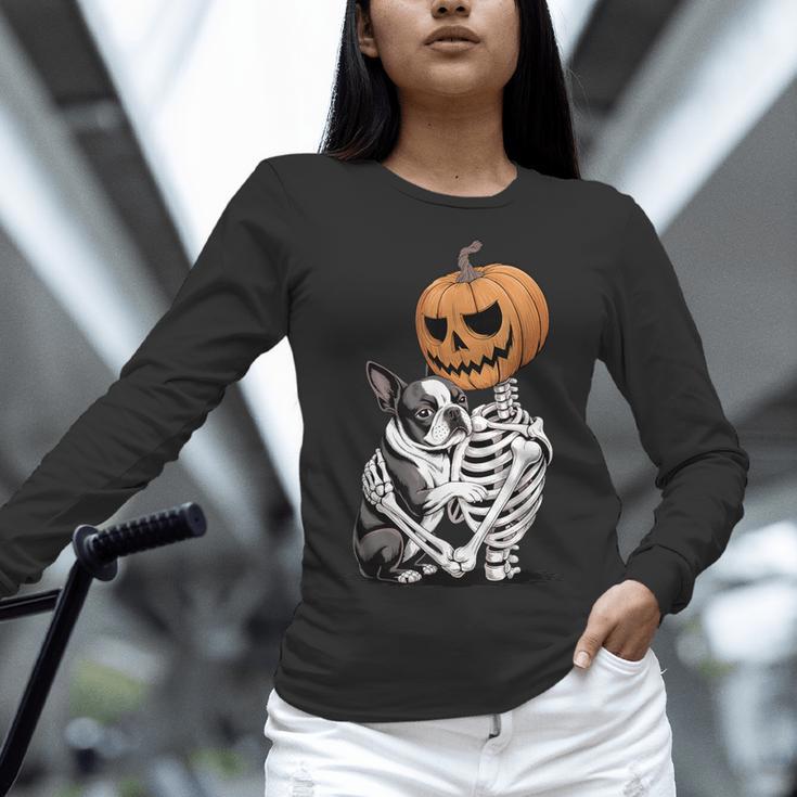 Halloween Skeleton Boston Terrier Women Long Sleeve T-Shirt, Boston Terrier Halloween Shirts, gift for family, gift for coworker