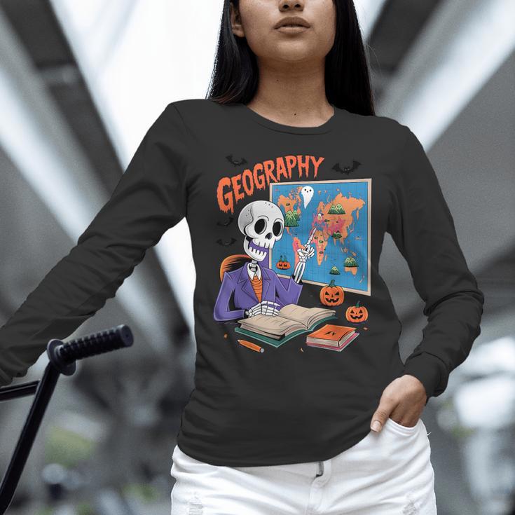 Halloween Skeleton Geography Teacher Pumpkin Bats Classroom Women Long Sleeve T-Shirt, gift for family, gift for coworker Halloween Skeleton Geography Teacher Pumpkin Bats Classroom Women Long Sleeve T-Shirt, gift for family, gift for coworker