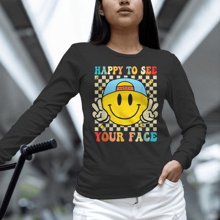 Happy To See Your Face Hippie Smile Back To School Teachers Women Long Sleeve T-Shirt, gift for family, gift for coworker