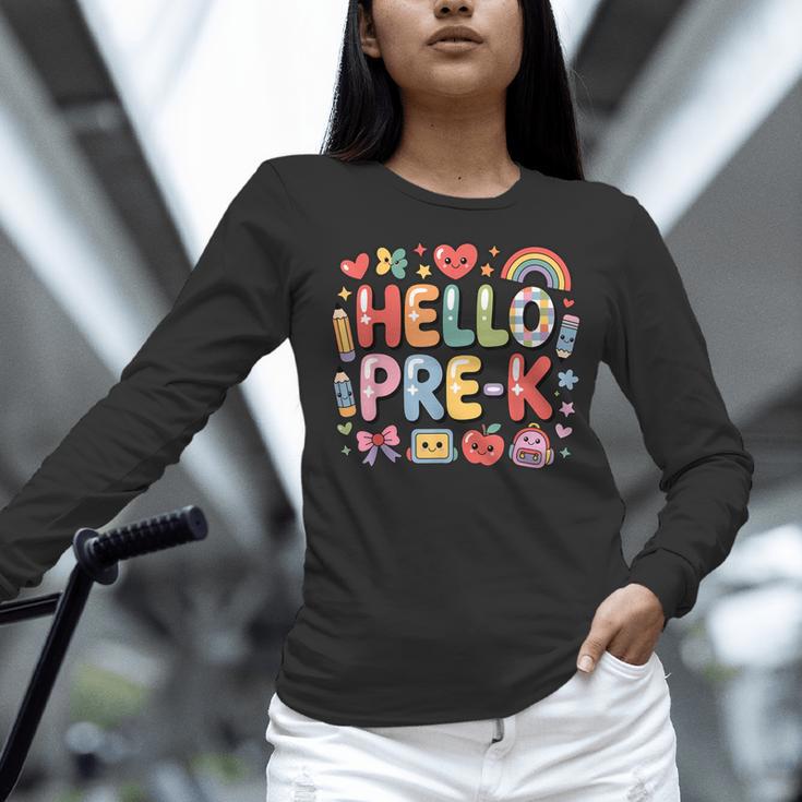 Hello Pre-K Back To School Teacher Student Fun Graphic Tee Women Long Sleeve T-Shirt, gift for family, gift for coworker