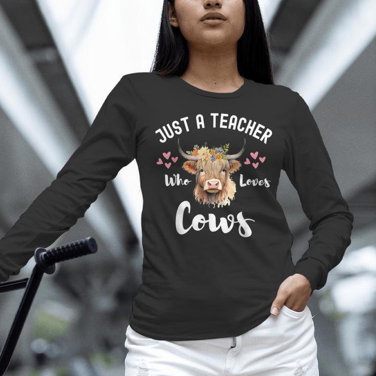 Just A Teacher Who Loves Cows Shirt Cute Highland Cow Women Long Sleeve T-Shirt, gift for family, gift for coworker