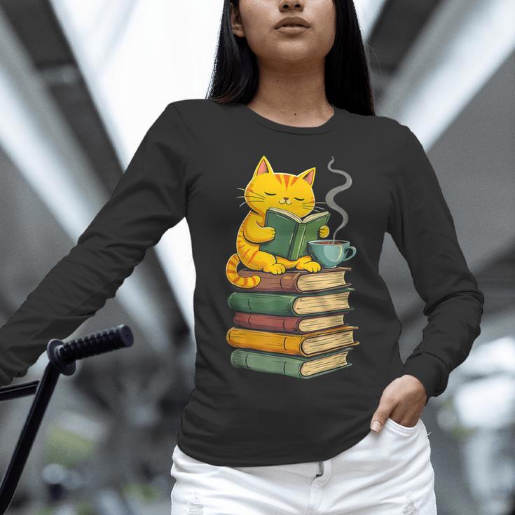 Kawaii Cats Lover Coffee Books Teacher Librarian Cat Women Long Sleeve T-Shirt, gift for family, gift for coworker