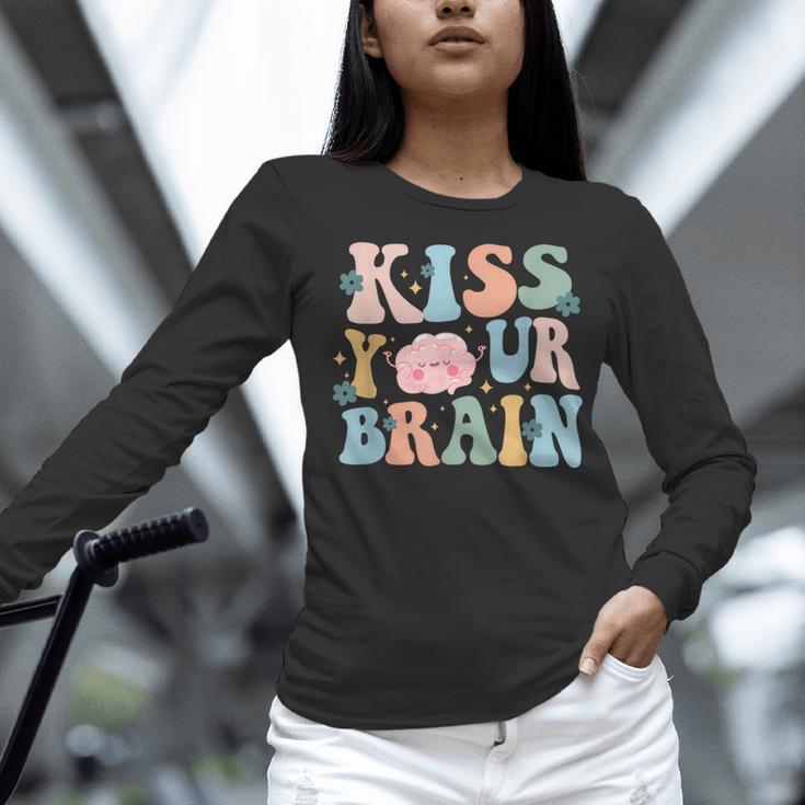 Kiss Your Brain Teacher Inspire Educate Groovy Retro Vintage Women Long Sleeve T-Shirt, Groovy Teacher Shirts, gift for family, gift for coworker