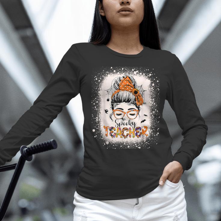 Messy Bun Spooky Teacher Bleached Halloween Teachers Women Long Sleeve T-Shirt, gift for family, gift for coworker