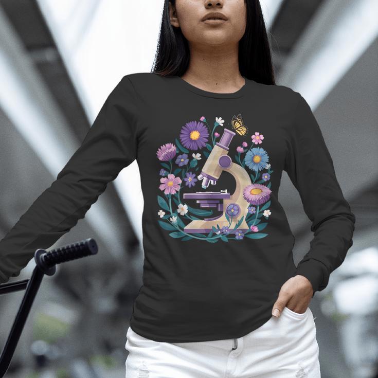 Microscope Flower Butterfly Biology Science Teacher Student Women Long Sleeve T-Shirt, Science Teacher Shirts, gift for family, gift for coworker