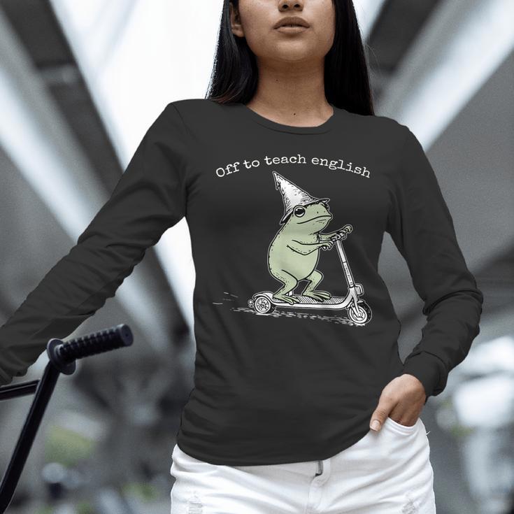 Off To Teach English Scooter Frog ESL Teacher Literature Women Long Sleeve T-Shirt, Esl Teacher Shirts, English Teacher Shirts, gift for family, gift for coworker