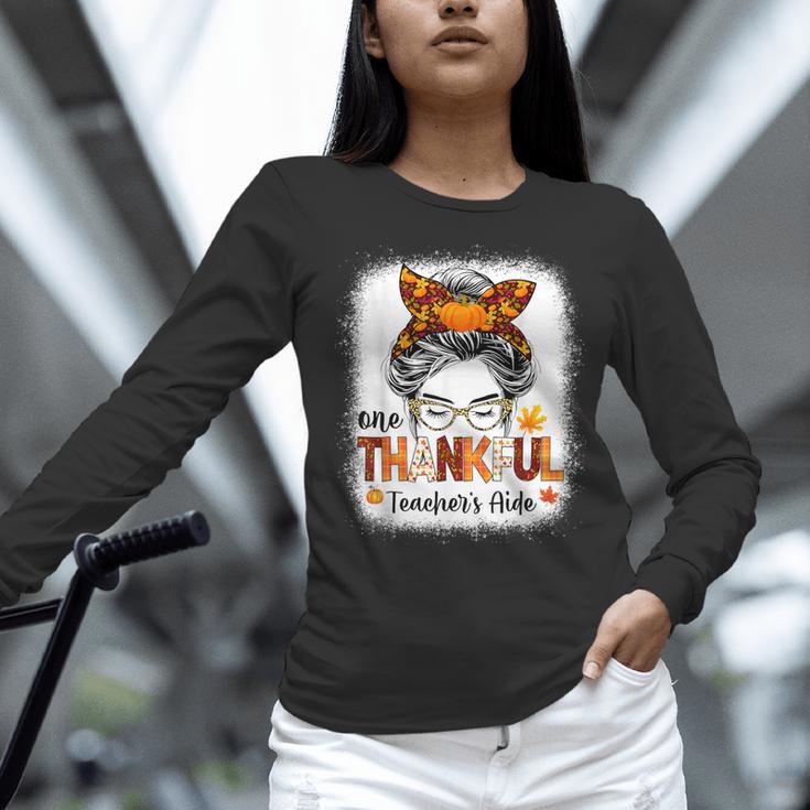 One Thankful Teacher's Aide Messy Bun Thanksgiving Fall Women Long Sleeve T-Shirt, gift for family, gift for coworker