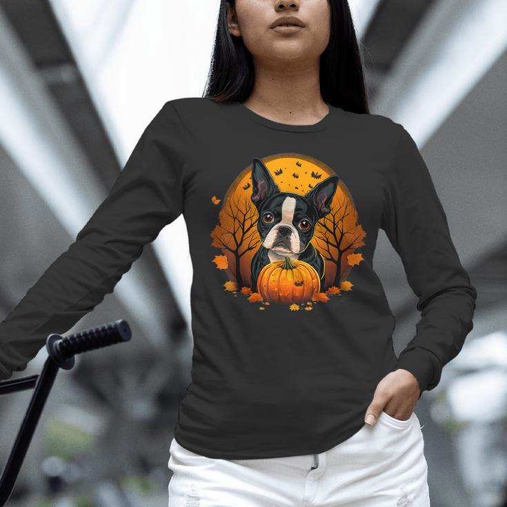 Pumpkin Boston Terrier Costume On Boston Terrier Halloween Women Long Sleeve T-Shirt, Boston Terrier Halloween Shirts, gift for family, gift for coworker