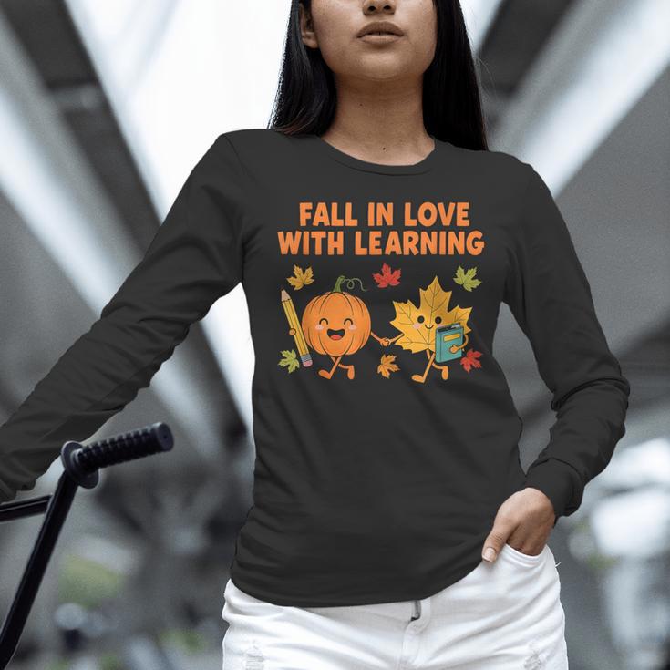 Retro Fall In Love With Learning Autumn Pumpkin Teacher Women Long Sleeve T-Shirt, gift for family, gift for coworker