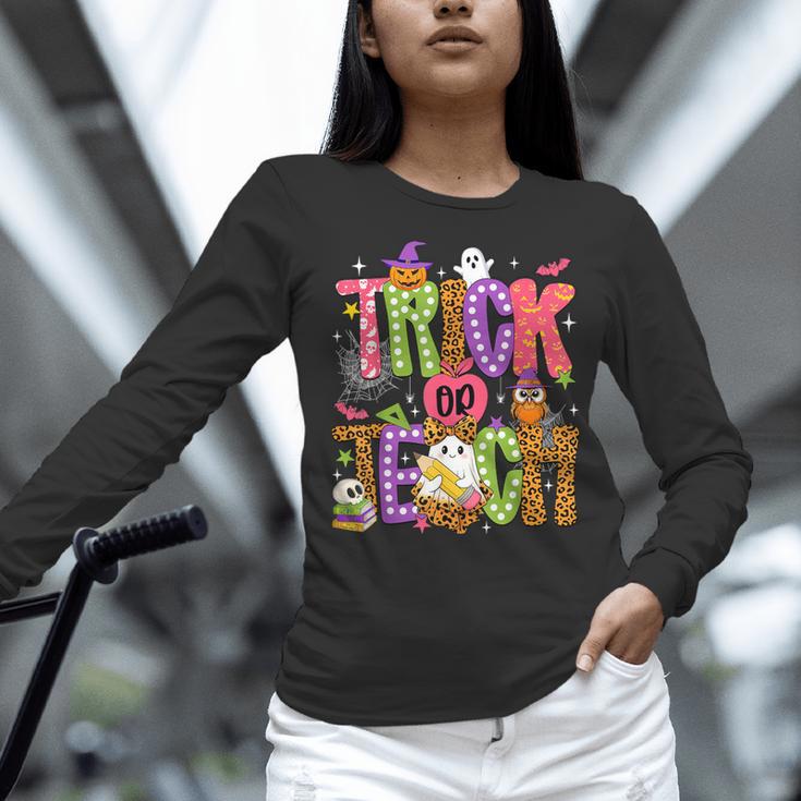 Retro Trick Or Teach Leopard Ghost Halloween Spooky Teacher Women Long Sleeve T-Shirt, gift for family, gift for coworker Retro Trick Or Teach Leopard Ghost Halloween Spooky Teacher Women Long Sleeve T-Shirt, gift for family, gift for coworker