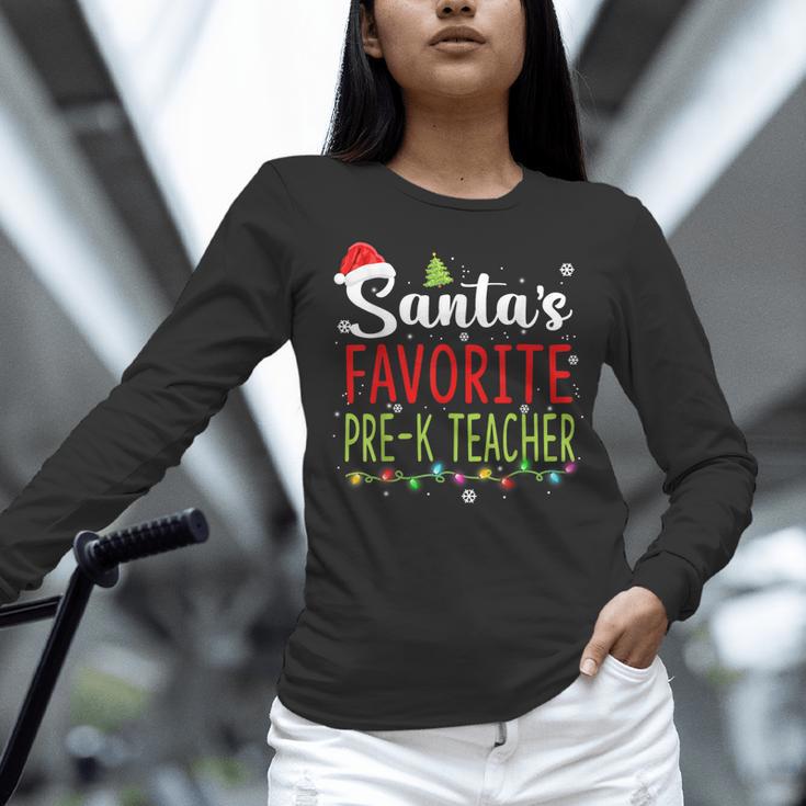 Santa's Favorite Pre-K Teacher Christmas Santa Hat Lights For Men Women Kids Women Long Sleeve T-Shirt, gift for family, gift for coworker