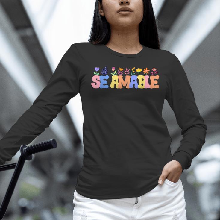 Se Amable Be Kind In Spanish Groovy Teacher Flowers Women Long Sleeve T-Shirt, Groovy Teacher Shirts, gift for family, gift for coworker