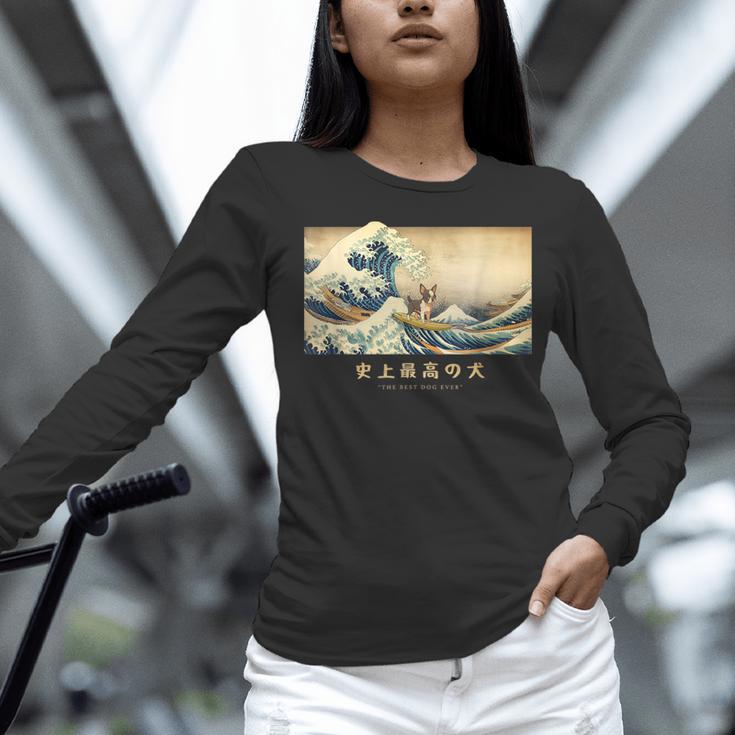 Surfing Boston Terrier Kanagawa Wave Japanese Dog For Men Women Kids Women Long Sleeve T-Shirt, gift for family, gift for coworker